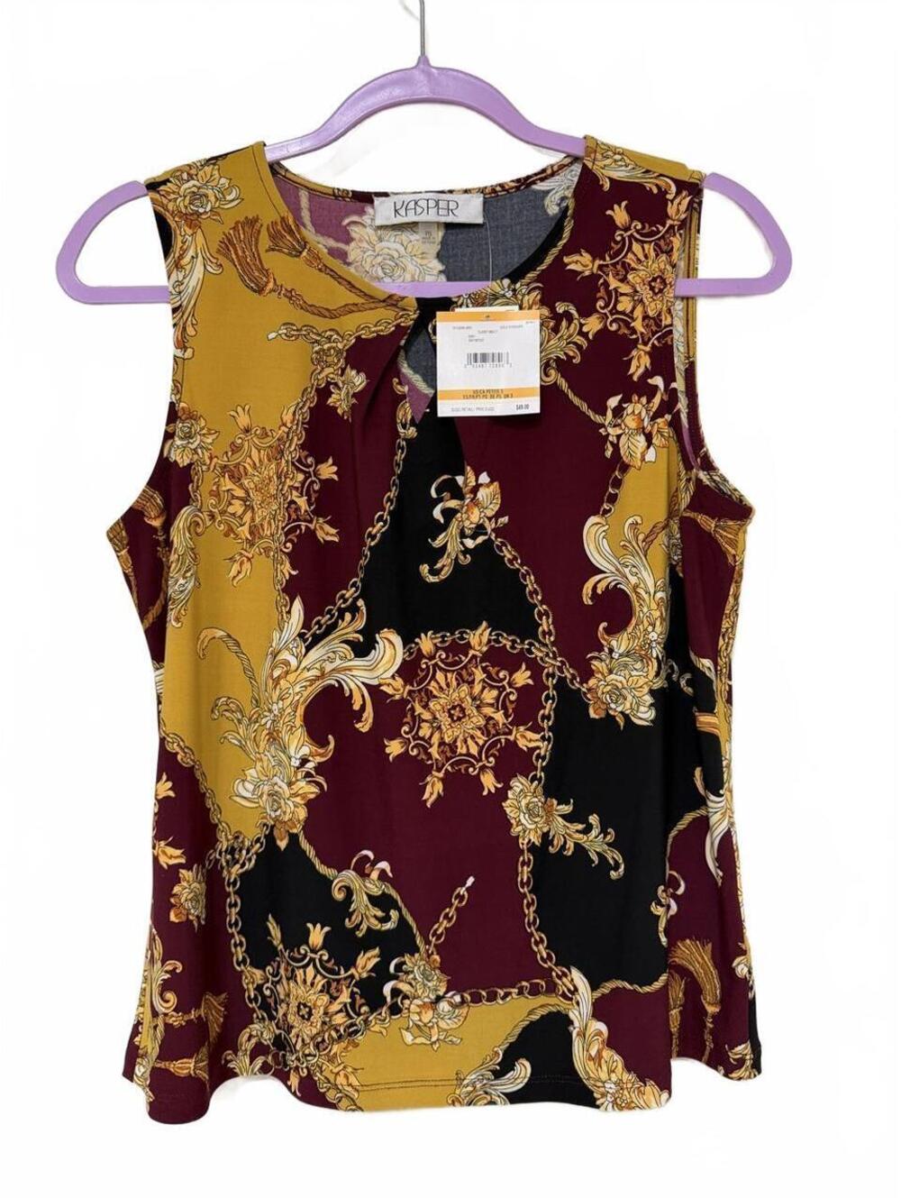 Kasper Women's Baroque Floral Print Sleeveless Blouse Burgundy Gold Black PS